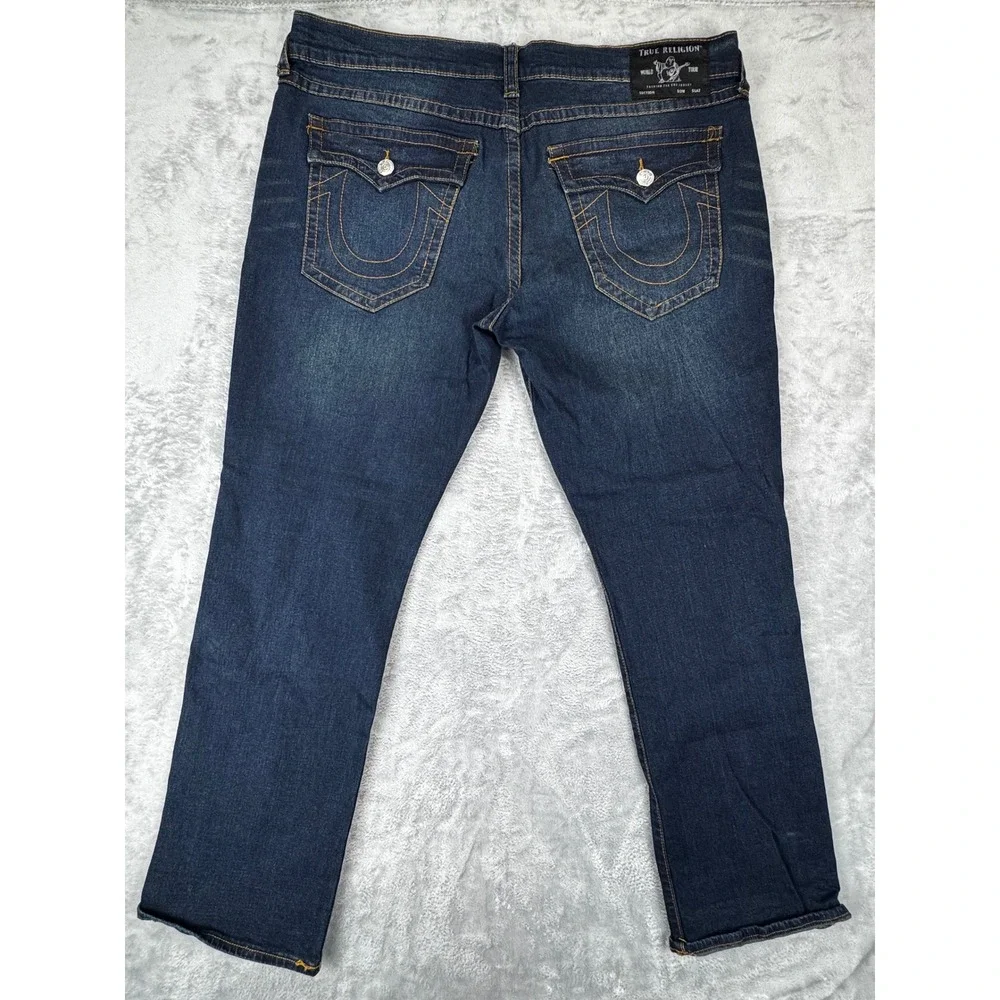 True Religion Men's sz 40 Ricky Relaxed Straight Jeans Dark Wash Bootcut Stretch